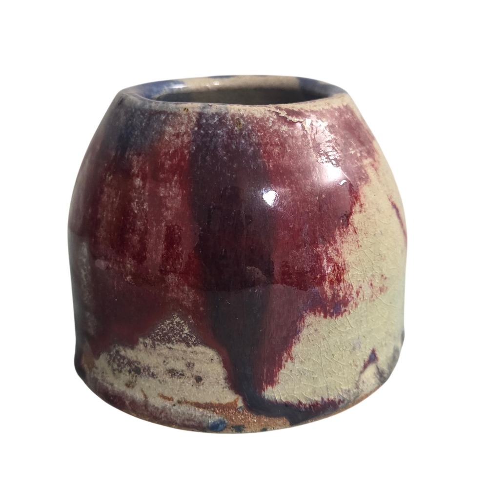 Studio Pottery Drip Glaze Bud Vase Oxblood Red Blue Signed Artisan Vessel 4"
